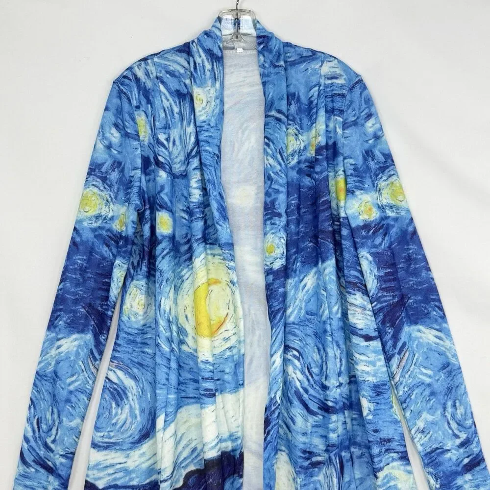 Starry Night Print Open Front Cardigan Women Size M Blue Art Knit